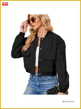 Cropped Bomber Jacket Women Button Down Long Sleeve Casual Varsity Jacket with